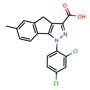 Chemical structure of 1-(2,4-Dichlorophenyl)-1,4-dihydro-6-methylindeno[1,2-c]pyrazole-3-carboxylic acid , CAS 511533-14-5, AChemBlock AD281331