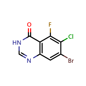 Chemical structure of 7-Bromo-6-chloro-5-fluoroquinazolin-4(3H)-one , CAS 1698028-26-0, AChemBlock AD281333