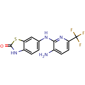Chemical structure of 6-[[3-Amino-6-(trifluoromethyl)-2-pyridinyl]amino]-2(3H)-benzothiazolone , CAS 2034185-39-0, AChemBlock AD281334