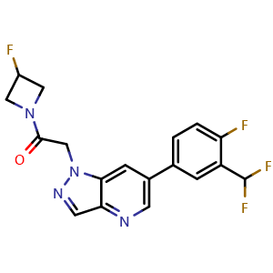 Chemical structure of 2-[6-[3-(Difluoromethyl)-4-fluorophenyl]-1H-pyrazolo[4,3-b]pyridin-1-yl]-1-(3-fluoro-1-azetidinyl)ethanone , CAS 2568553-39-7, AChemBlock AD281335