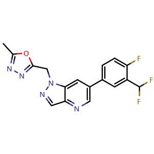 Chemical structure of 6-[3-(Difluoromethyl)-4-fluorophenyl]-1-[(5-methyl-1,3,4-oxadiazol-2-yl)methyl]-1H-pyrazolo[4,3-b]pyridine , CAS 2569045-56-1, AChemBlock AD281336