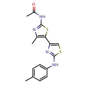 Chemical structure of N-(4'-Methyl-2-(p-tolylamino)-[4,5'-bithiazol]-2'-yl)acetamide , CAS 315705-95-4, AChemBlock AD281346