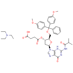 Chemical structure of Triethylamine 4-(((2R,3S,5R)-2-((bis(4-methoxyphenyl)(phenyl)methoxy)methyl)-5-(2-isobutyramido-6-oxo-3,6-dihydro-9H-purin-9-yl)tetrahydrofuran-3-yl)oxy)-4-oxobutanoate , CAS 402944-21-2, AChemBlock AD281350