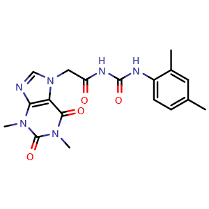 Chemical structure of 2-(1,3-Dimethyl-2,6-dioxo-1,2,3,6-tetrahydro-7H-purin-7-yl)-N-((2,4-dimethylphenyl)carbamoyl)acetamide , CAS 869471-49-8, AChemBlock AD281354