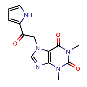 Chemical structure of 1,3-Dimethyl-7-(2-oxo-2-(1H-pyrrol-2-yl)ethyl)-3,7-dihydro-1H-purine-2,6-dione , CAS 869471-47-6, AChemBlock AD281355