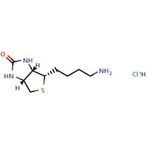 Chemical structure of (3aS,4S,6aR)-4-(4-Aminobutyl)tetrahydro-1H-thieno[3,4-d]imidazol-2(3H)-one hydrochloride , CAS 160385-86-4, AChemBlock AD281365