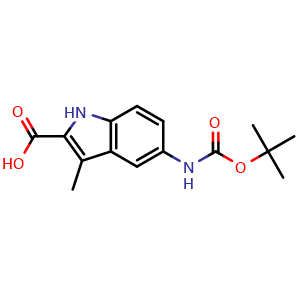 Chemical structure of 5-((tert-Butoxycarbonyl)amino)-3-methyl-1H-indole-2-carboxylic acid , CAS 1097859-67-0, AChemBlock AD281374