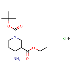 Chemical structure of 1-(Tert-butyl) 3-ethyl 4-aminopiperidine-1,3-dicarboxylate hydrochloride , CAS 2197615-60-2, AChemBlock AD281377