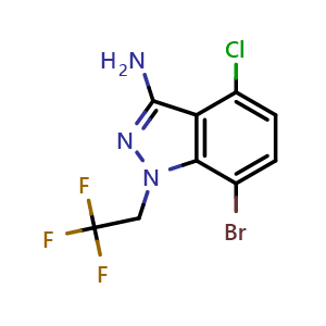 Chemical structure of 7-Bromo-4-chloro-1-(2,2,2-trifluoroethyl)-1H-indazol-3-amine , CAS 2189684-52-2, AChemBlock AD281407