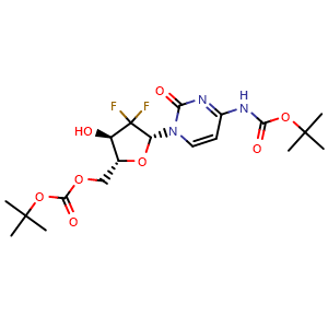 Chemical structure of tert-Butyl (1-((2R,4R,5R)-5-(((tert-butoxycarbonyl)oxy)methyl)-3,3-difluoro-4-hydroxytetrahydrofuran-2-yl)-2-oxo-1,2-dihydropyrimidin-4-yl)carbamate , CAS 250698-54-5, AChemBlock AD281418