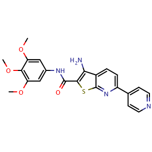 Chemical structure of 3-Amino-6-(pyridin-4-yl)-N-(3,4,5-trimethoxyphenyl)thieno[2,3-b]pyridine-2-carboxamide , CAS 445267-51-6, AChemBlock AD281429