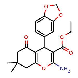 Chemical structure of Ethyl 2-amino-4-(benzo[d][1,3]dioxol-5-yl)-7,7-dimethyl-5-oxo-5,6,7,8-tetrahydro-4H-chromene-3-carboxylate , CAS 342397-01-7, AChemBlock AD281435
