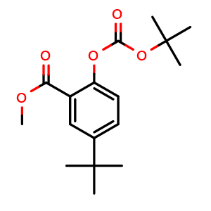 Chemical structure of Methyl 2-((tert-butoxycarbonyl)oxy)-5-(tert-butyl)benzoate , CAS 2342594-39-0, AChemBlock AD281440