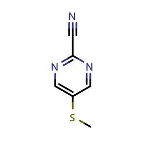 Chemical structure of 5-Methylsulfanyl-pyrimidine-2-carbonitrile , CAS 1459749-03-1, AChemBlock AD281444