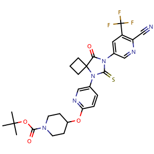 Chemical structure of 1,1-Dimethylethyl 4-[[5-[7-[6-cyano-5-(trifluoromethyl)-3-pyridinyl]-8-oxo-6-thioxo-5,7-diazaspiro[3.4]oct-5-yl]-2-pyridinyl]oxy]-1-piperidinecarboxylate , CAS 2110429-27-9, AChemBlock AD281452