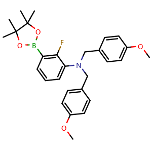 Chemical structure of N-[2-Fluoro-3-(4,4,5,5-tetramethyl-1,3,2-dioxaborolan-2-yl)phenyl]-4-methoxy-N-[(4-methoxyphenyl)methyl]benzenemethanamine , CAS 2411793-21-8, AChemBlock AD281454