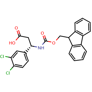Chemical structure of (S)-3-((((9H-Fluoren-9-yl)methoxy)carbonyl)amino)-3-(3,4-dichlorophenyl)propanoic acid , CAS 1260615-83-5, AChemBlock AD281479