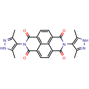 Chemical structure of 2,7-Bis(3,5-dimethyl-1H-pyrazol-4-yl)benzo[lmn][3,8]phenanthroline-1,3,6,8(2H,7H)-tetraone , CAS 1521159-33-0, AChemBlock AD281481