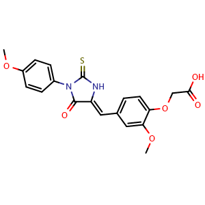 Chemical structure of (Z)-2-(2-Methoxy-4-((1-(4-methoxyphenyl)-5-oxo-2-thioxoimidazolidin-4-ylidene)methyl)phenoxy)acetic acid , CAS 2411852-67-8, AChemBlock AD281507