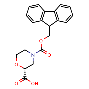 Chemical structure of (2R)-4-{[(9H-Fluoren-9-yl)methoxy]carbonyl}morpholine-2-carboxylic acid , CAS 1629740-51-7, AChemBlock AD281537