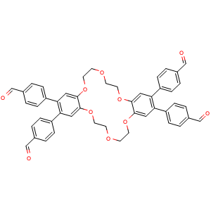 Chemical structure of 4,4',4'',4'''-(6,7,9,10,17,18,20,21-Octahydrodibenzo[b,k][1,4,7,10,13,16]hexaoxacyclooctadecine-2,3,13,14-tetrayl)tetrabenzaldehyde , CAS 2837061-91-1, AChemBlock AD281541