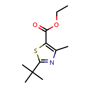 Chemical structure of Ethyl 2-(1,1-dimethylethyl)-4-methyl-5-thiazolecarboxylate , CAS 952398-43-5, AChemBlock AD281587