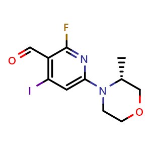 Chemical structure of 2-Fluoro-4-iodo-6-[(3R)-3-methyl-4-morpholinyl]-3-pyridinecarboxaldehyde , CAS 2417490-14-1, AChemBlock AD281601