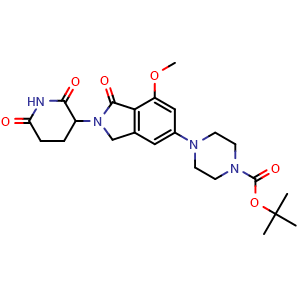 Chemical structure of 1,1-Dimethylethyl 4-[2-(2,6-dioxo-3-piperidinyl)-2,3-dihydro-7-methoxy-1-oxo-1H-isoindol-5-yl]-1-piperazinecarboxylate , CAS 2242743-85-5, AChemBlock AD281610