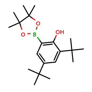 Chemical structure of 2,4-Di-tert-butyl-6-(4,4,5,5-tetramethyl-1,3,2-dioxaborolan-2-yl)phenol , CAS 2395899-36-0, AChemBlock AD281621