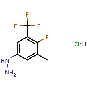 Chemical structure of (4-Fluoro-3-methyl-5-(trifluoromethyl)phenyl)hydrazine hydrochloride , CAS 2061963-89-9, AChemBlock AD281624