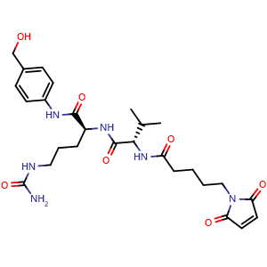 Chemical structure of (S)-2-((S)-2-(5-(2,5-Dioxo-2,5-dihydro-1H-pyrrol-1-yl)pentanamido)-3-methylbutanamido)-N-(4-(hydroxymethyl)phenyl)-5-ureidopentanamide , CAS 2890735-12-1, AChemBlock AD281625