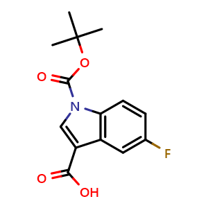 Chemical structure of 1-(tert-butoxycarbonyl)-5-fluoro-1H-indole-3-carboxylic acid , CAS 1260775-74-3, AChemBlock AD281627