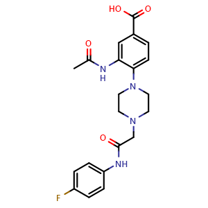 Chemical structure of 3-Acetamido-4-(4-(2-((4-fluorophenyl)amino)-2-oxoethyl)piperazin-1-yl)benzoic acid , CAS 1111161-58-0, AChemBlock AD281628