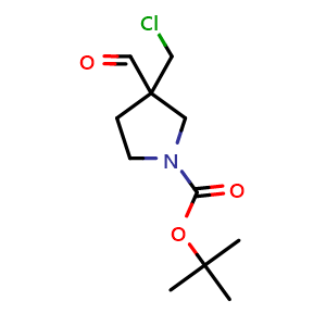 Chemical structure of 1,1-Dimethylethyl 3-(chloromethyl)-3-formyl-1-pyrrolidinecarboxylate , CAS 2827330-96-9, AChemBlock AD281632