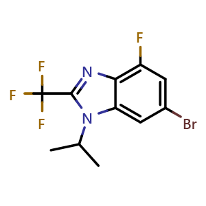 Chemical structure of 6-Bromo-4-fluoro-1-(1-methylethyl)-2-(trifluoromethyl)-1H-benzimidazole , CAS 2445579-20-2, AChemBlock AD281652