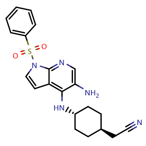 Chemical structure of rel-2-((1r,4r)-4-((5-Amino-1-(phenylsulfonyl)-1H-pyrrolo[2,3-b]pyridin-4-yl)amino)cyclohexyl)acetonitrile , CAS 1440422-20-7, AChemBlock AD281665