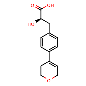 Chemical structure of (R)-3-(4-(3,6-Dihydro-2H-pyran-4-yl)phenyl)-2-hydroxypropanoic acid , CAS 2050910-30-8, AChemBlock AD281679