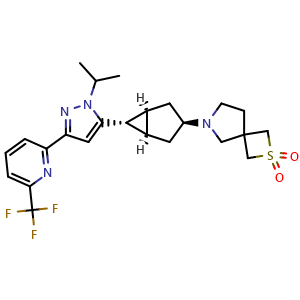 Chemical structure of rel-6-((1R,3r,5S,6r)-6-(1-isopropyl-3-(6-(trifluoromethyl)pyridin-2-yl)-1H-pyrazol-5-yl)bicyclo[3.1.0]hexan-3-yl)-2-thia-6-azaspiro[3.4]octane 2,2-dioxide , CAS 2935431-75-5, AChemBlock AD281682