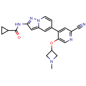 Chemical structure of N-(5-(2-Cyano-5-((1-methylazetidin-3-yl)oxy)pyridin-4-yl)pyrazolo[1,5-a]pyridin-2-yl)cyclopropanecarboxamide , CAS 2810810-00-3, AChemBlock AD281684