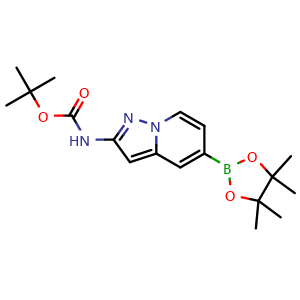 Chemical structure of tert-Butyl (5-(4,4,5,5-tetramethyl-1,3,2-dioxaborolan-2-yl)pyrazolo[1,5-a]pyridin-2-yl)carbamate , CAS 2810050-47-4, AChemBlock AD281685