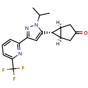 Chemical structure of rel-(1R,5S,6r)-6-(1-isopropyl-3-(6-(trifluoromethyl)pyridin-2-yl)-1H-pyrazol-5-yl)bicyclo[3.1.0]hexan-3-one , CAS 2935408-25-4, AChemBlock AD281686