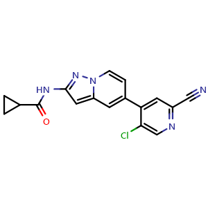 Chemical structure of N-[5-(5-Chloro-2-cyano-4-pyridinyl)pyrazolo[1,5-a]pyridin-2-yl]cyclopropanecarboxamide , CAS 2810819-48-6, AChemBlock AD281689