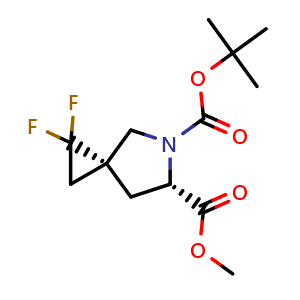 Chemical structure of 5-(1,1-Dimethylethyl) 6-methyl (3R,6S)-1,1-difluoro-5-azaspiro[2.4]heptane-5,6-dicarboxylate , CAS 1430105-51-3, AChemBlock AD281691