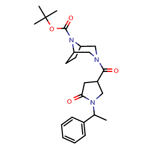 Chemical structure of 1,1-Dimethylethyl 3-[[5-oxo-1-(1-phenylethyl)-3-pyrrolidinyl]carbonyl]-3,8-diazabicyclo[3.2.1]octane-8-carboxylate , CAS 2863645-97-8, AChemBlock AD281697