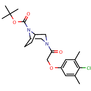 Chemical structure of 1,1-Dimethylethyl 3-[2-(4-chloro-3,5-dimethylphenoxy)acetyl]-3,8-diazabicyclo[3.2.1]octane-8-carboxylate , CAS 2859968-88-8, AChemBlock AD281706