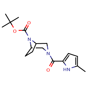 Chemical structure of 1,1-Dimethylethyl 3-[(5-methyl-1H-pyrrol-2-yl)carbonyl]-3,8-diazabicyclo[3.2.1]octane-8-carboxylate , CAS 2853746-03-7, AChemBlock AD281714