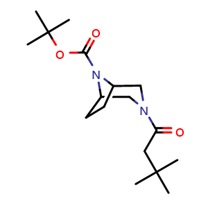 Chemical structure of 1,1-Dimethylethyl 3-(3,3-dimethyl-1-oxobutyl)-3,8-diazabicyclo[3.2.1]octane-8-carboxylate , CAS 2863694-06-6, AChemBlock AD281717