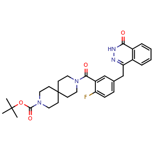 Chemical structure of 1,1-Dimethylethyl 9-[5-[(3,4-dihydro-4-oxo-1-phthalazinyl)methyl]-2-fluorobenzoyl]-3,9-diazaspiro[5.5]undecane-3-carboxylate , CAS 2231754-79-1, AChemBlock AD281720
