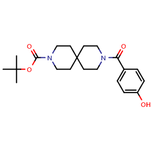 Chemical structure of 1,1-Dimethylethyl 9-(4-hydroxybenzoyl)-3,9-diazaspiro[5.5]undecane-3-carboxylate , CAS 2762697-39-0, AChemBlock AD281721