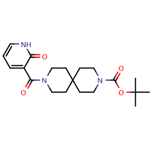 Chemical structure of tert-Butyl 9-(2-oxo-1,2-dihydropyridine-3-carbonyl)-3,9-diazaspiro[5.5]undecane-3-carboxylate , CAS 2968665-36-1, AChemBlock AD281722